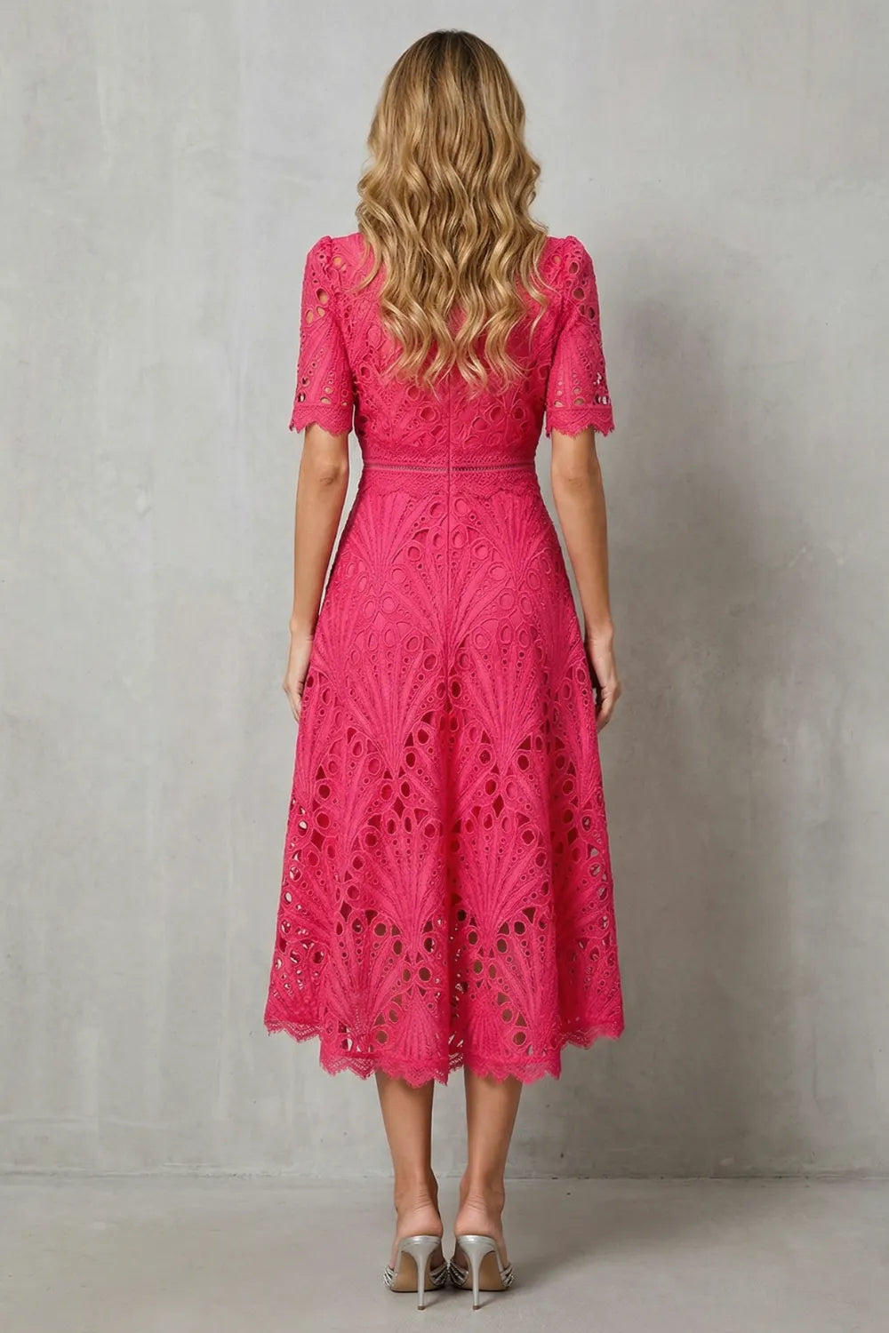 Ornate lace refinement – High-neck midi dress