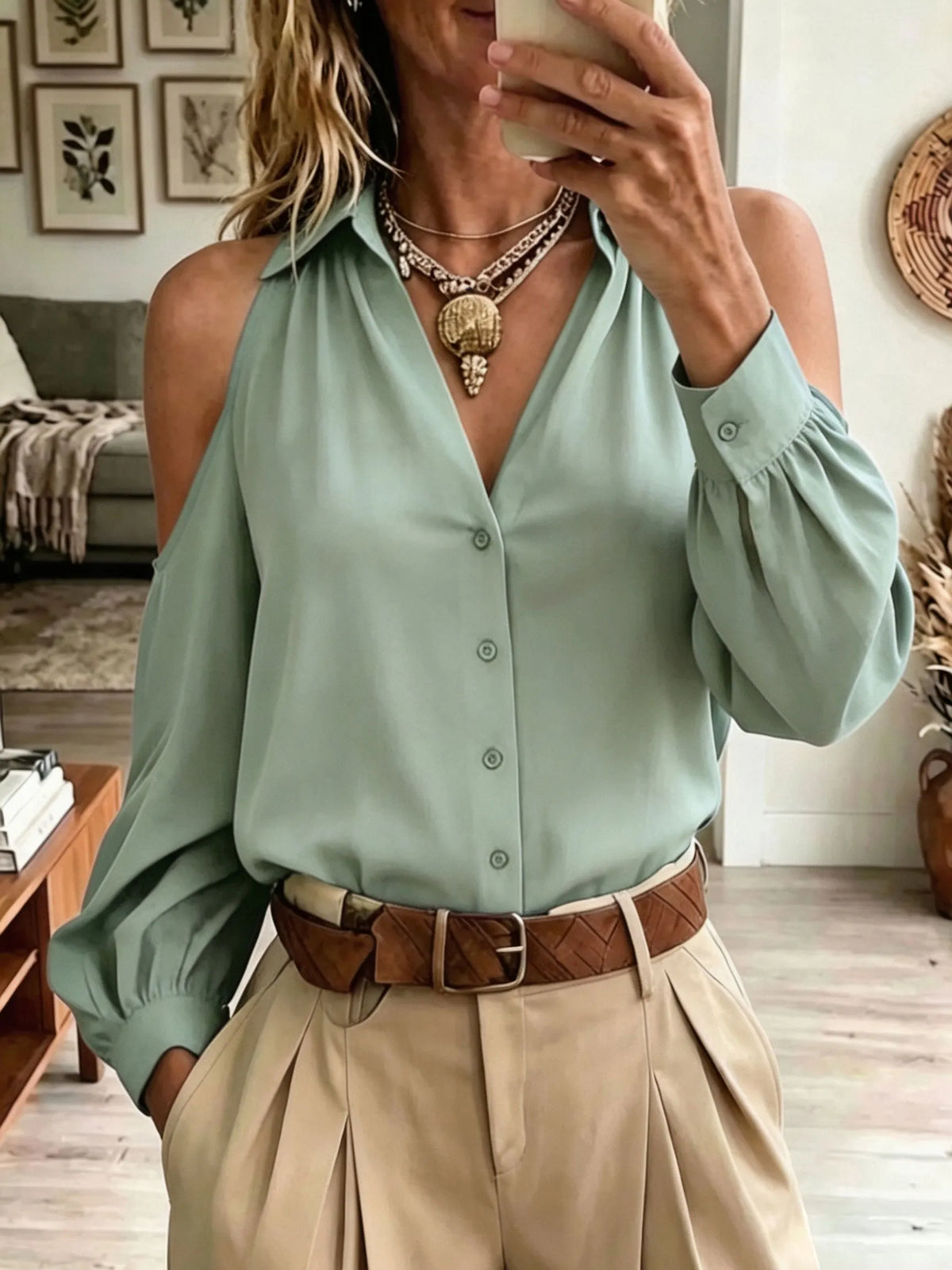 Collared Cold‐Shoulder Button Down Blouse Long Puff Sleeve V‐Neck Shirt