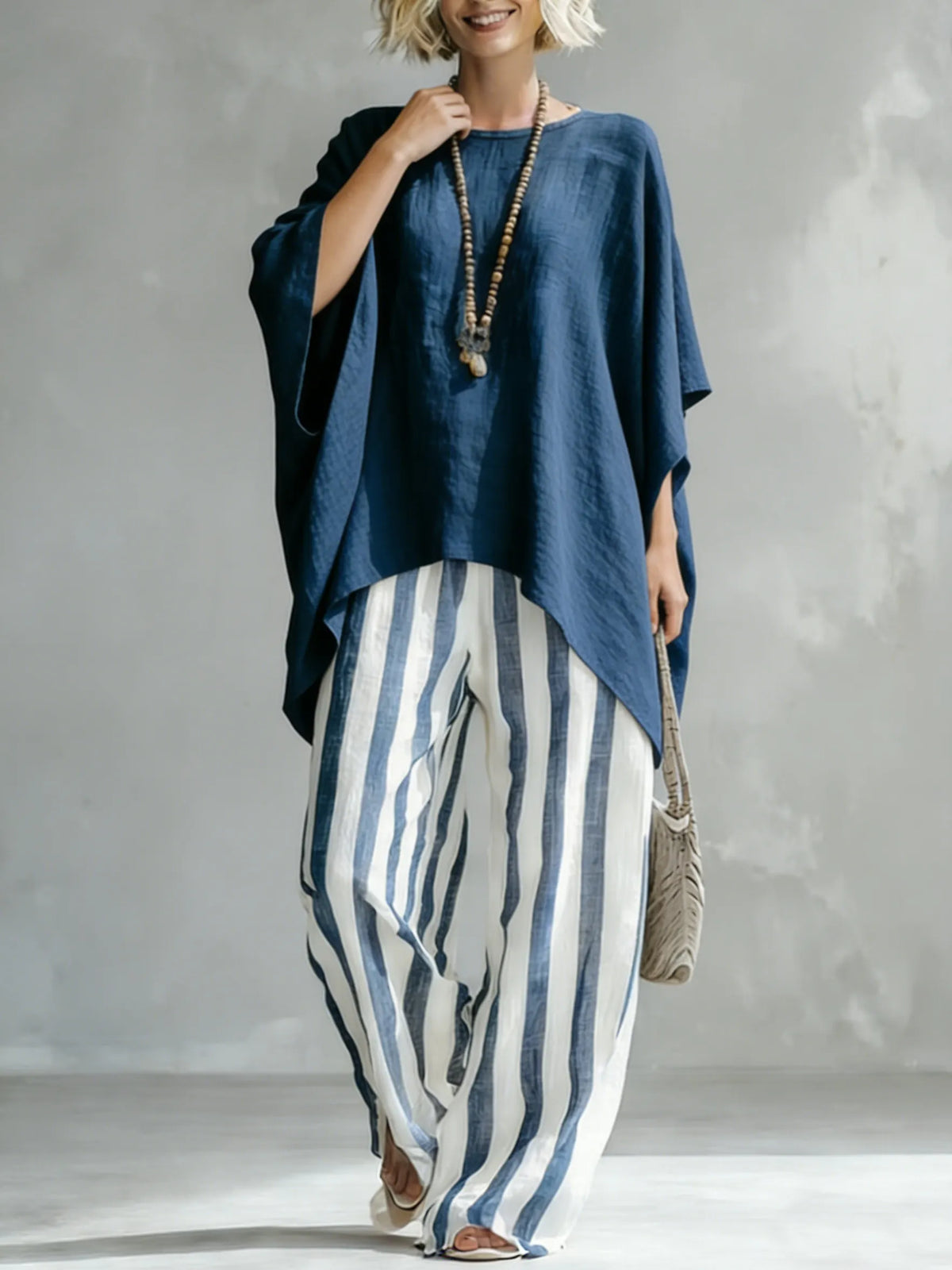 Classic Striped Batwing-sleeve Loose-fit Cotton-linen Two-piece Set