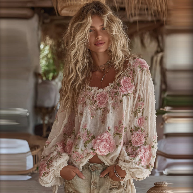 Vintage Boho Pink Flowers Art Embroidered Cozy Linen Tunic