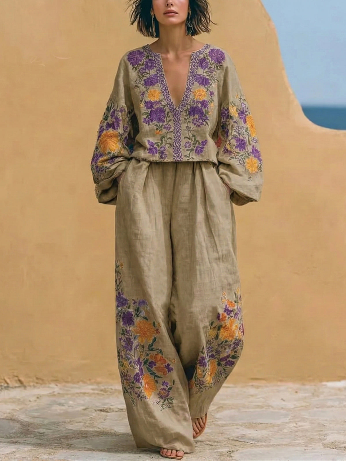 Boho Vintage Bouquet Print Loose Cotton Linen Two-piece Set