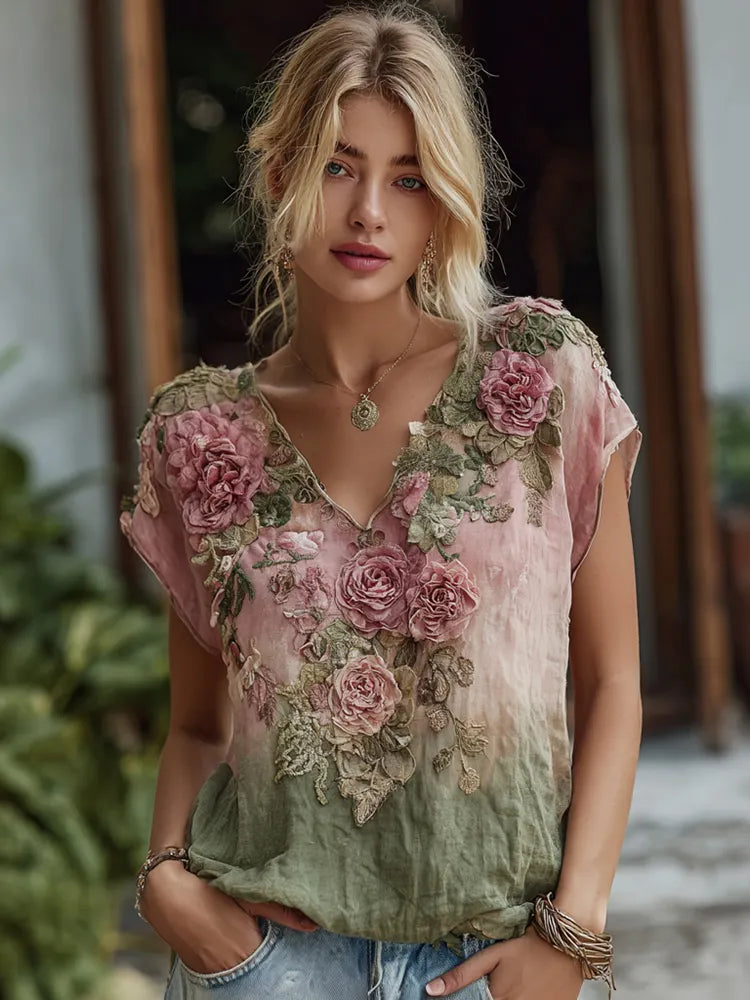 Women's Vintage Classic Gradient Flower Embroidery Print V-neck Short Sleeves T-shirt