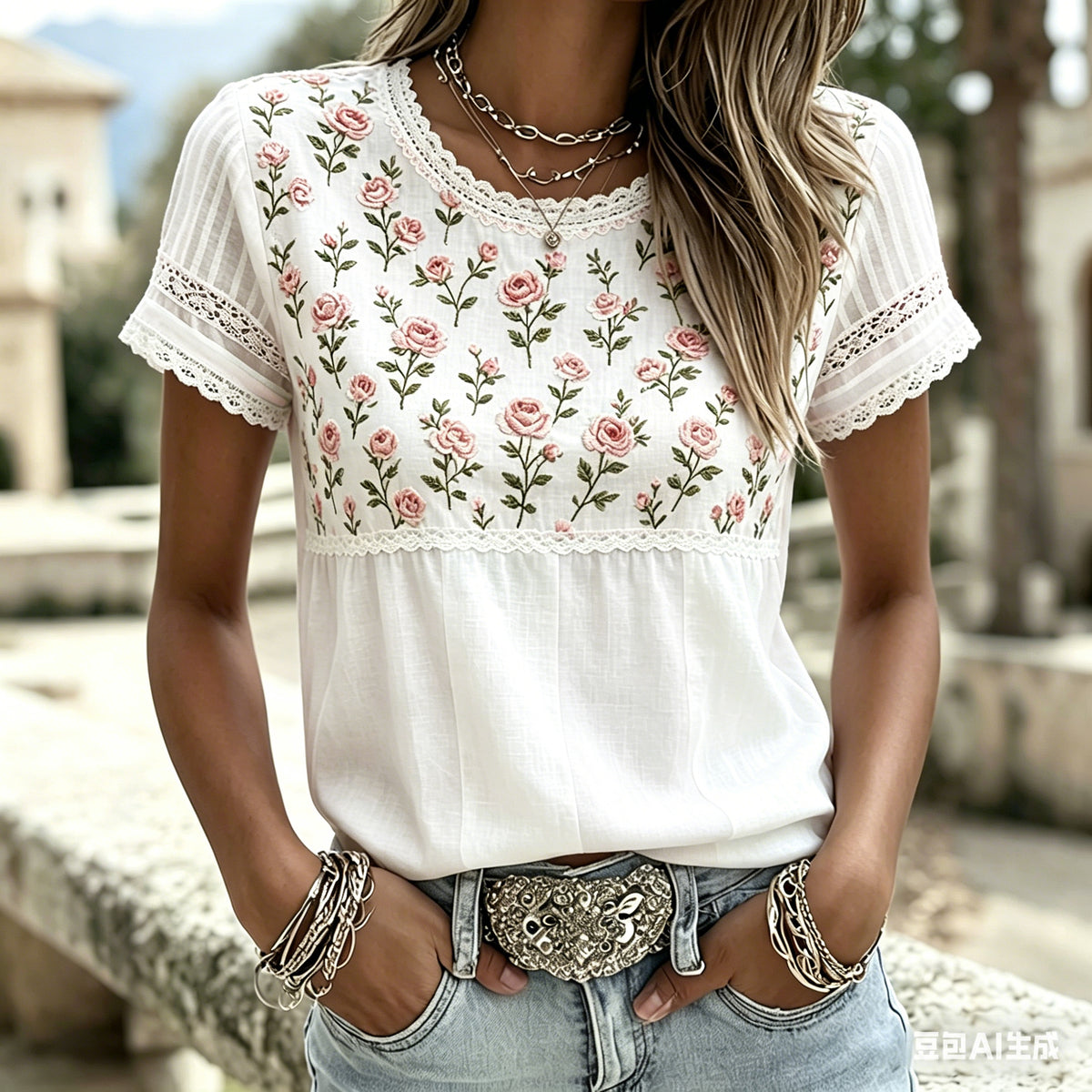 Pink Floral Art Embroidered Spliced Striped Comfortable Cotton Linen Crew Neck T-shirt