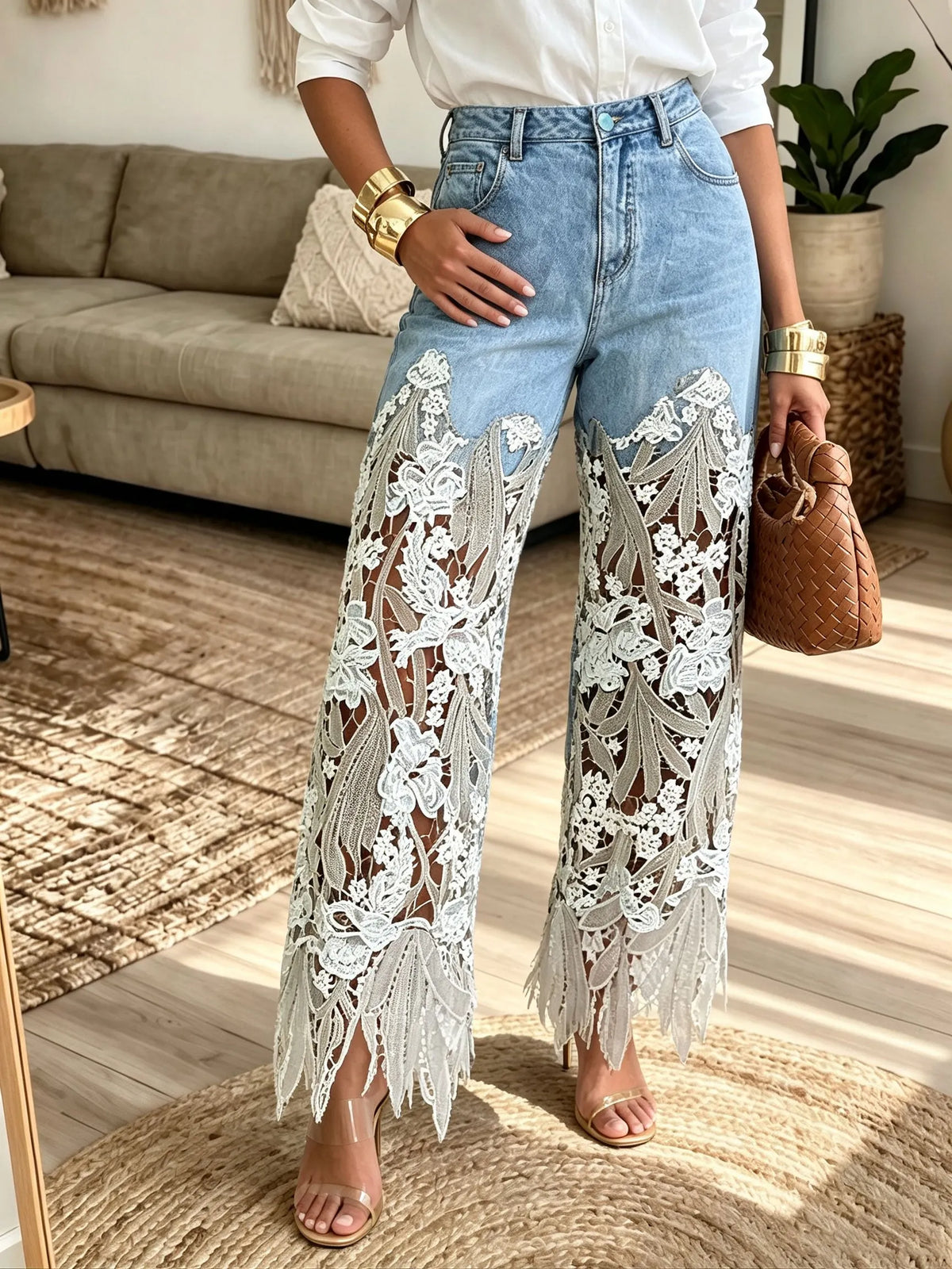 Floral Lace Patchwork Wide Leg Jeans, Women High Waist Hollow‐Out Fringe Denim Pants