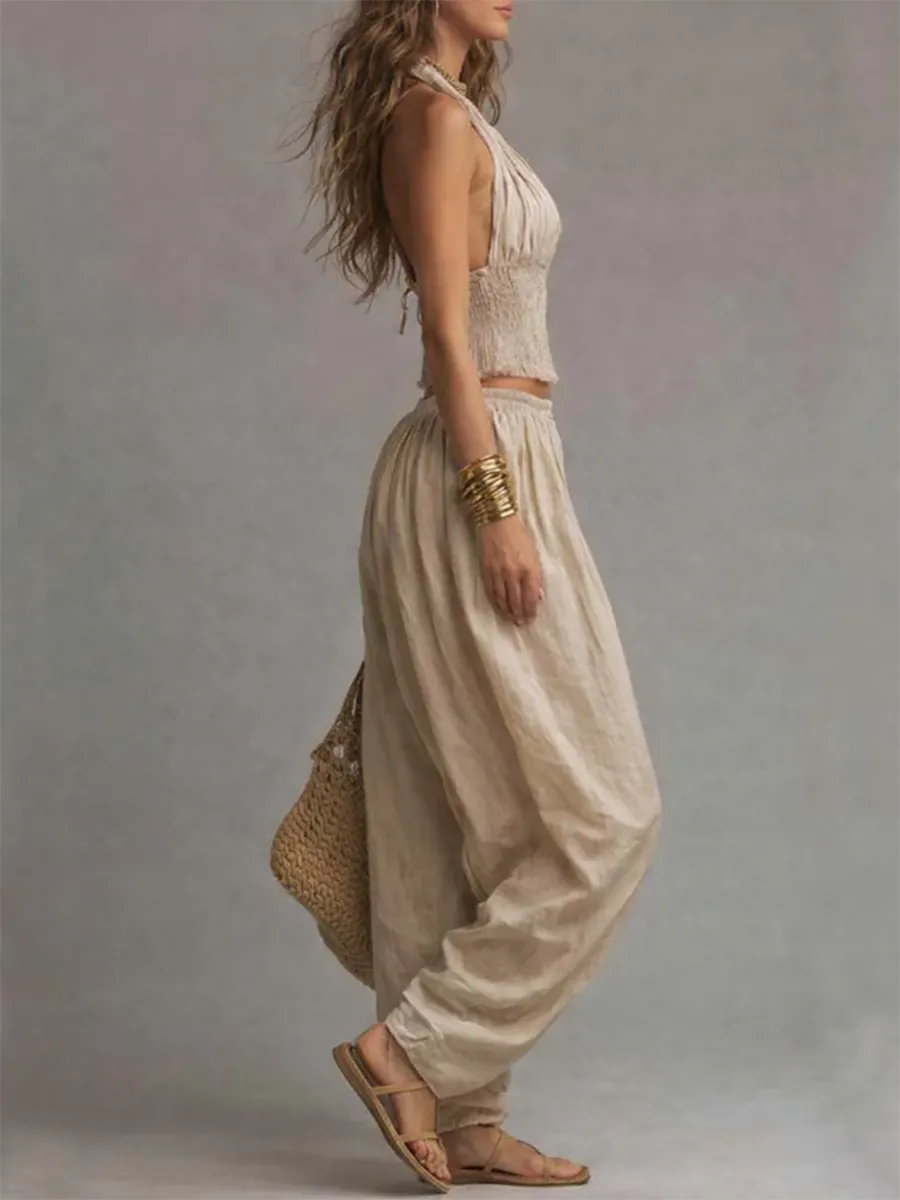 Sexy Boho Halter Top & Wide-leg Pants Two-piece Set