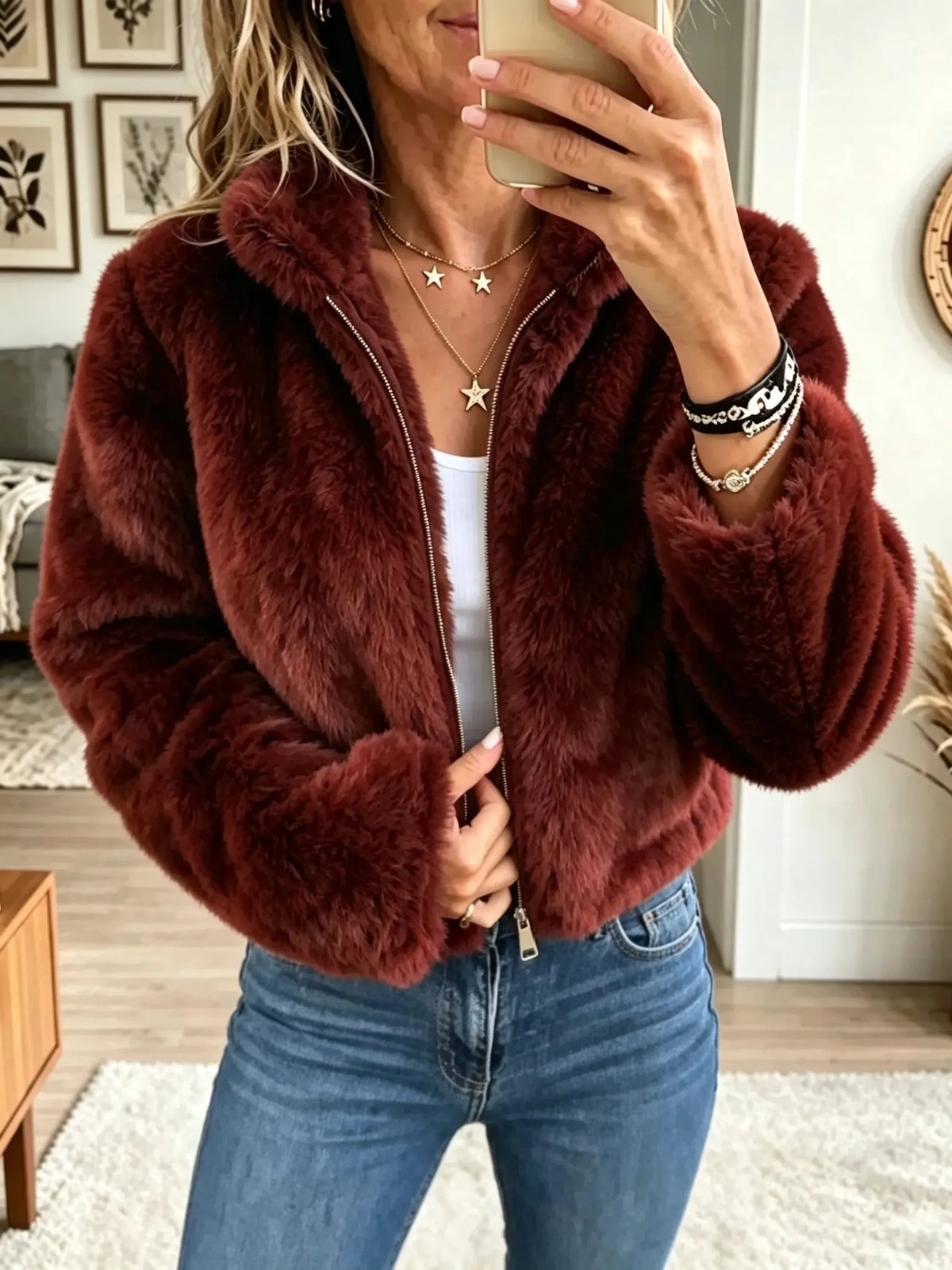 Women's Plush Faux Fur Zip-Up Bomber Jacket
