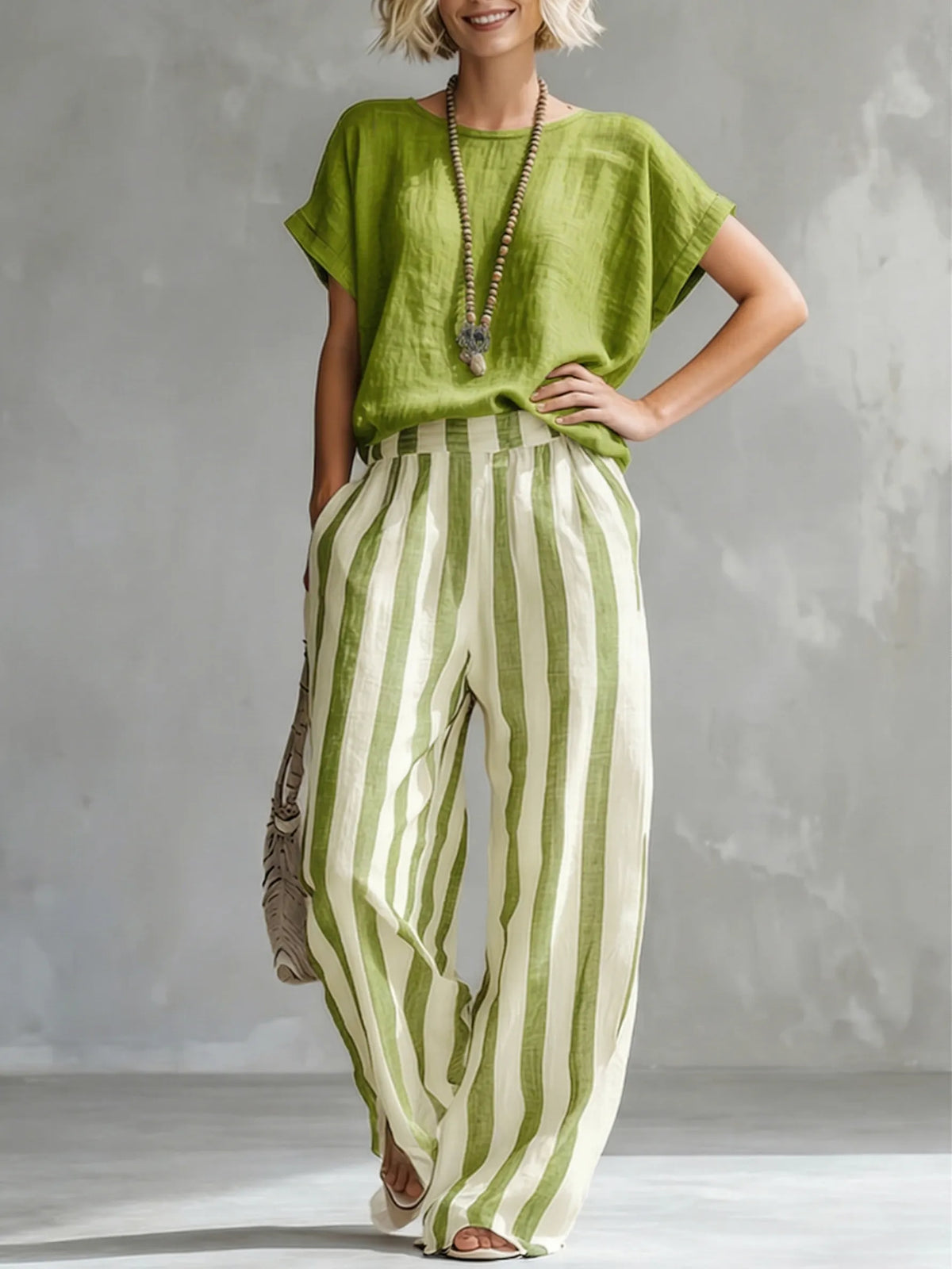 Cozy Loose-fit Striped Cotton-linen Two-piece Set