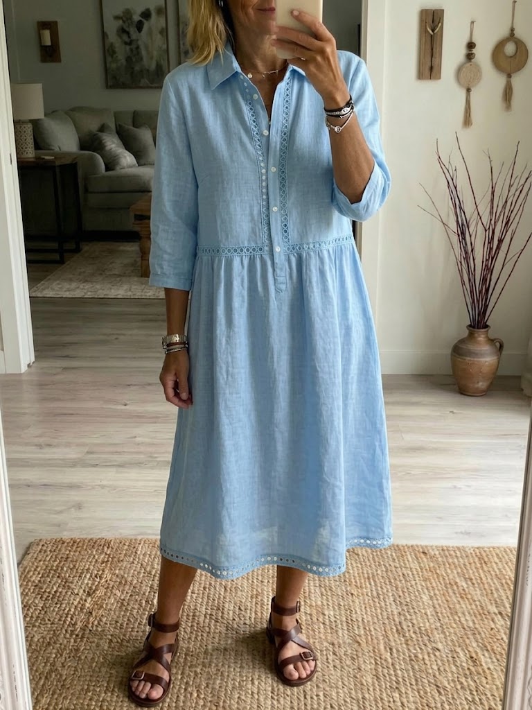 Casual Patchwork Openwork Ribbon Linen And Cotton Dress