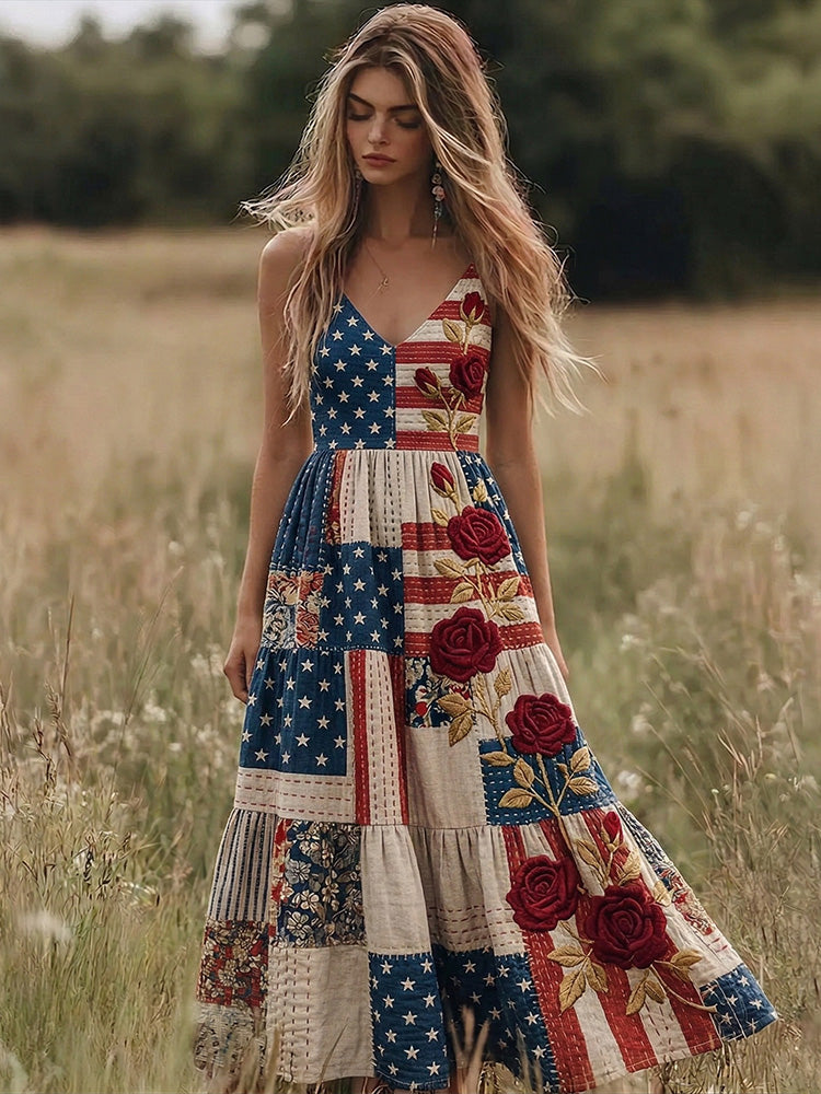 Women's Retro Independence Day Flag Roses Patchwork Art Linen Dress