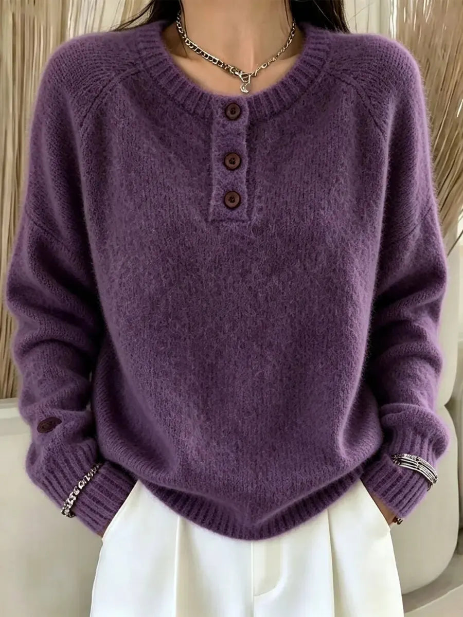 Retro Elegant Button Round Neck Art Casual Stylish Long Sleeve Knitted Sweater