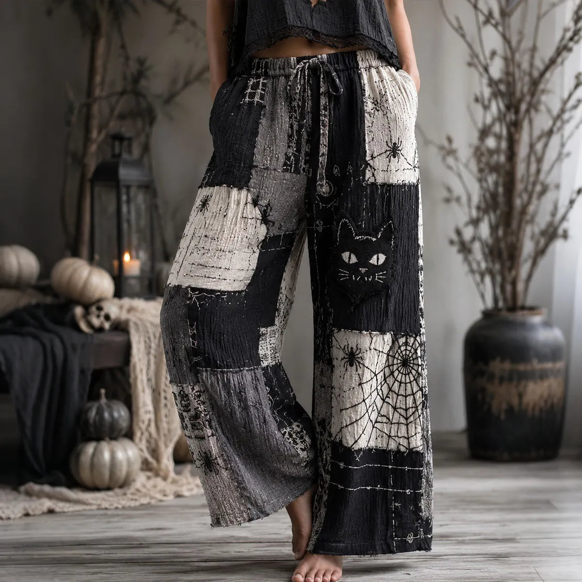 Women's Halloween Retro Black Cat And Spider Color Block Cotton Linen Trousers