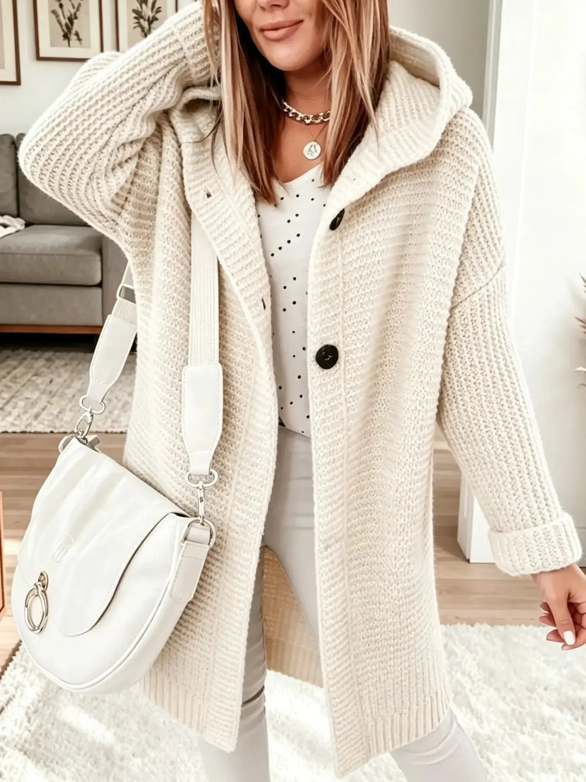 Women's Hooded Knit Button-Down Midi Cardigan