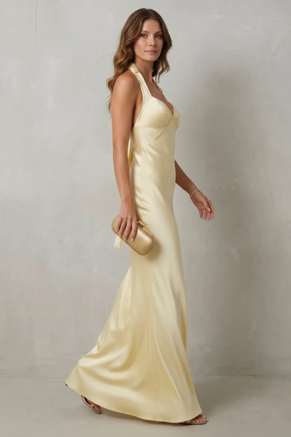 Golden hour elegance – Off-shoulder satin evening gown