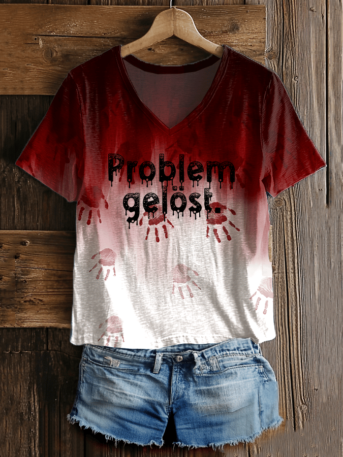 Women's Bloody Problem Solved Print V-Neck T-Shirt  adfc