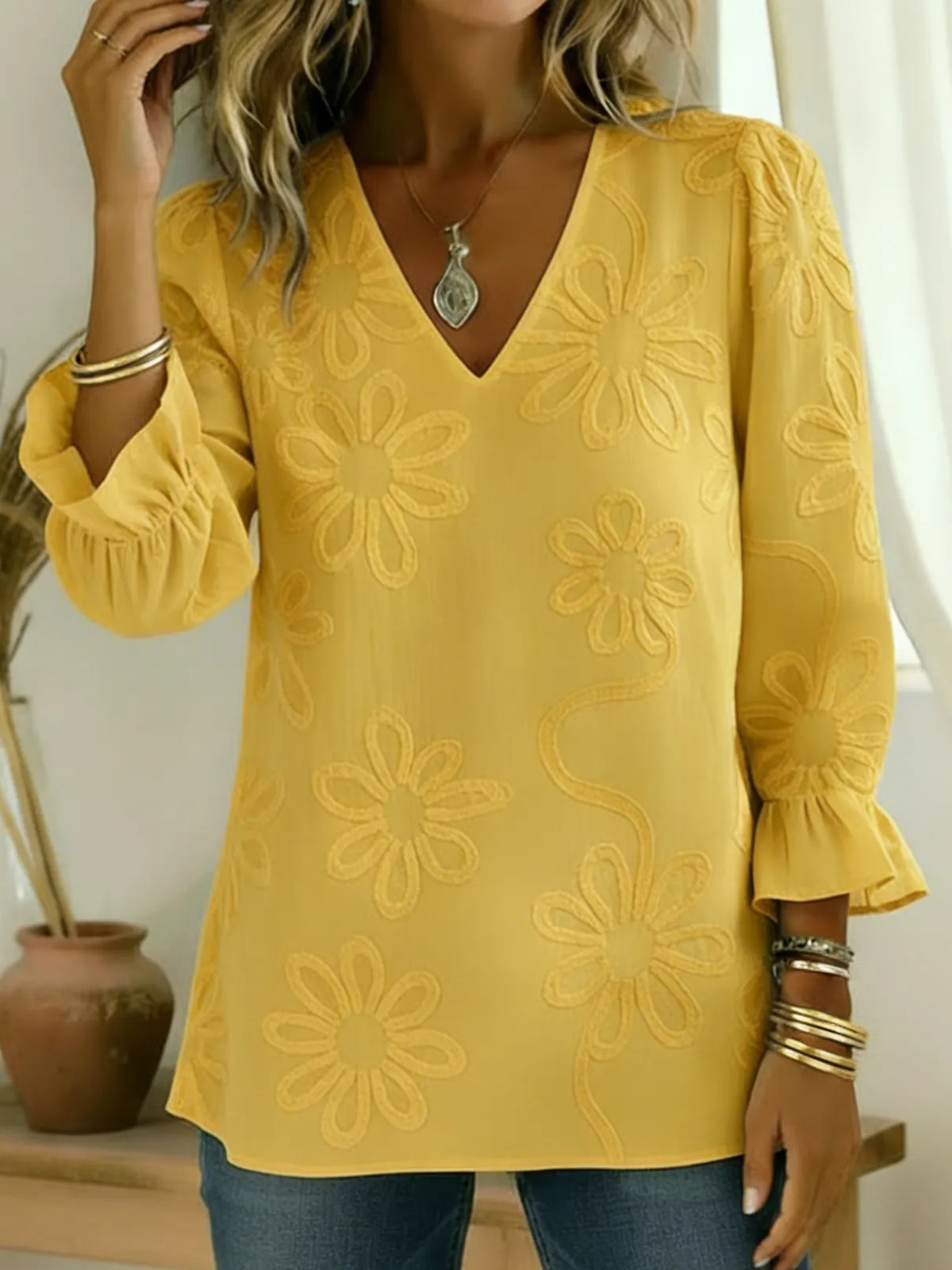 Romantic Floral Embroidered Ruffled Sleeves Blouse