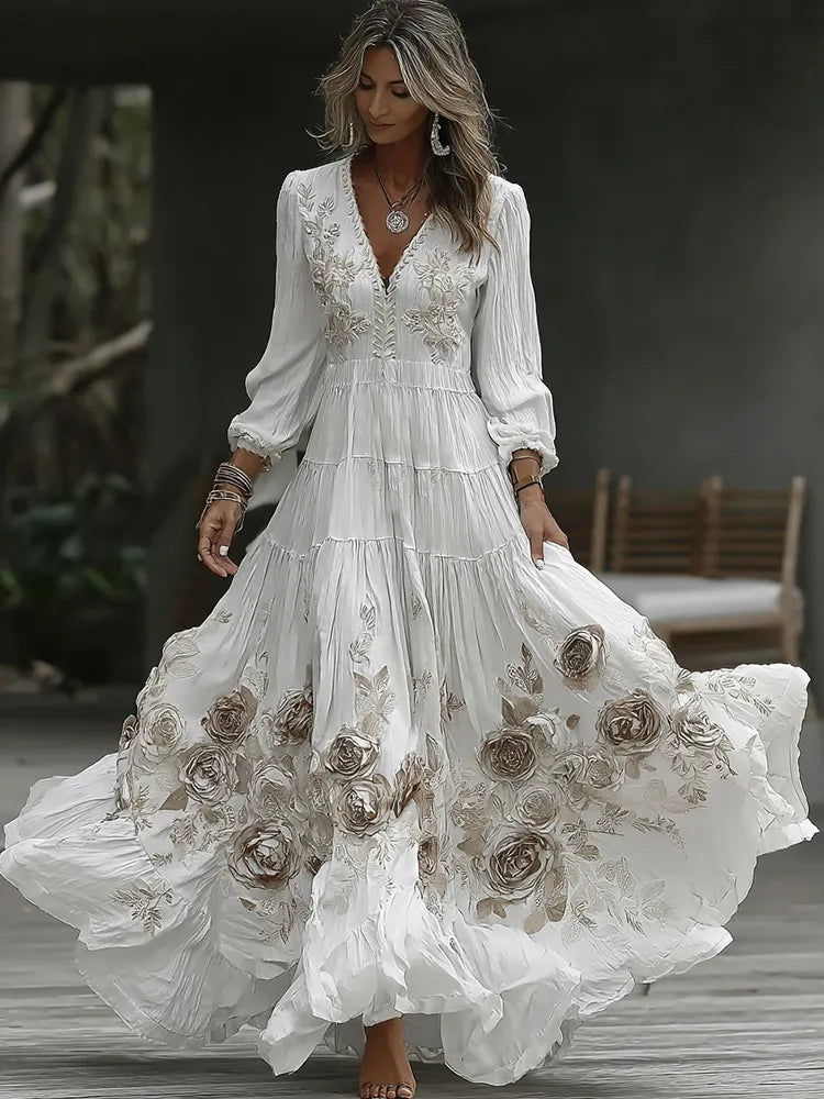 Women's Vintage Rose Embroidery Art V-neck Casual Long Sleeve Maxi Dress
