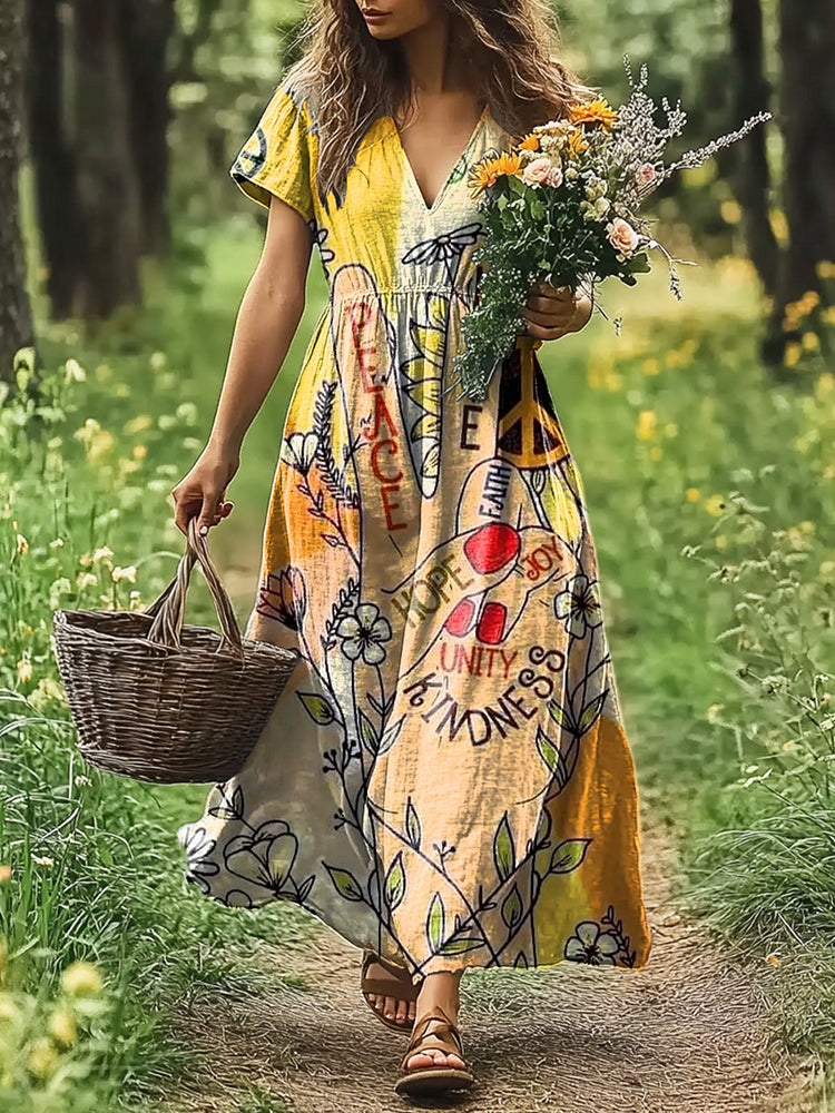 Womens Hippie Peace Love Heart Art Linen Dress