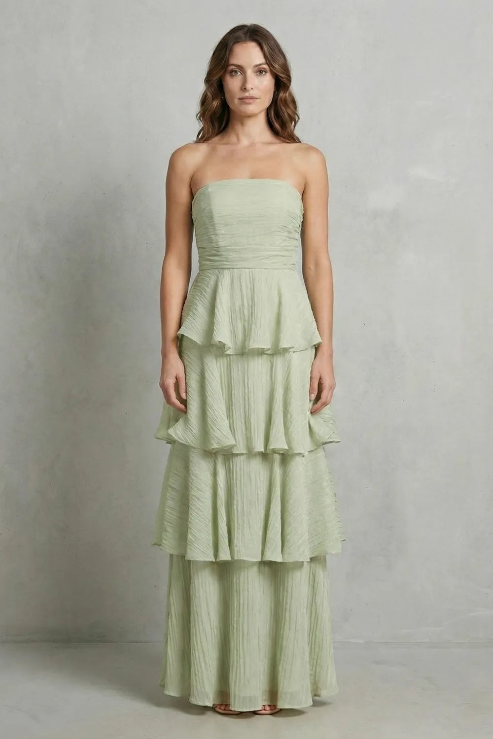 Soft cascading layers – Strapless tiered maxi dress