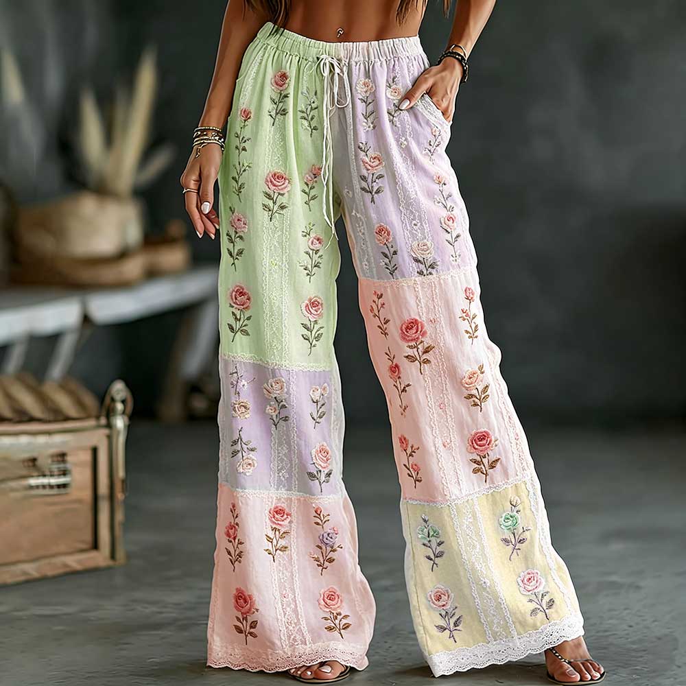 Vintage Rose Art Embroidery Color-block Spliced Comfortable Cotton Linen Trousers