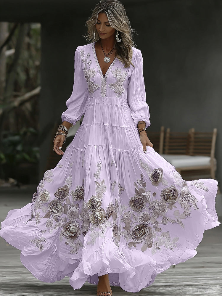 Women's Vintage Rose Embroidery Art V-neck Casual Long Sleeve Maxi Dress