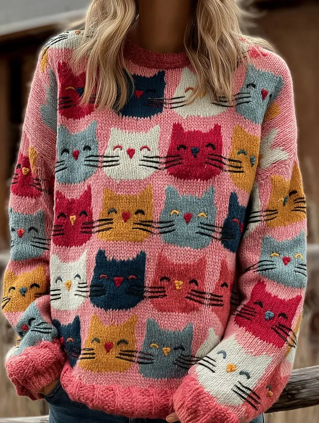 Women's Colorful Cats Pattern Art Cozy  Knit Sweater