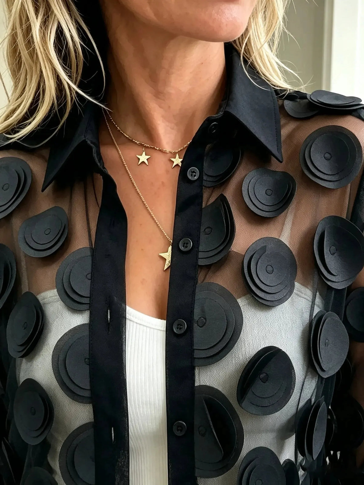 Women's 3D Polka Dot Sheer Button-Down Shirt