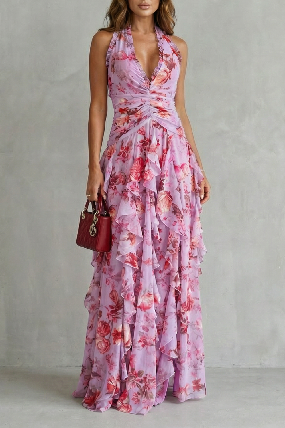 Romantic rose cascade – Halter maxi dress