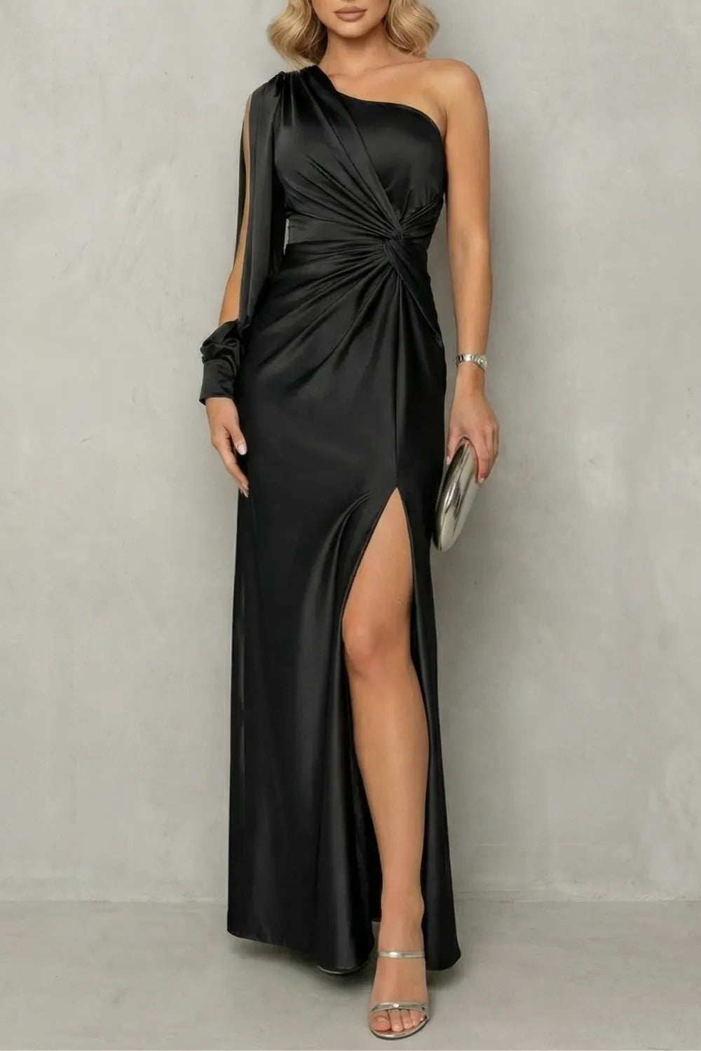 Draped waist elegance – One shoulder slit maxi dress