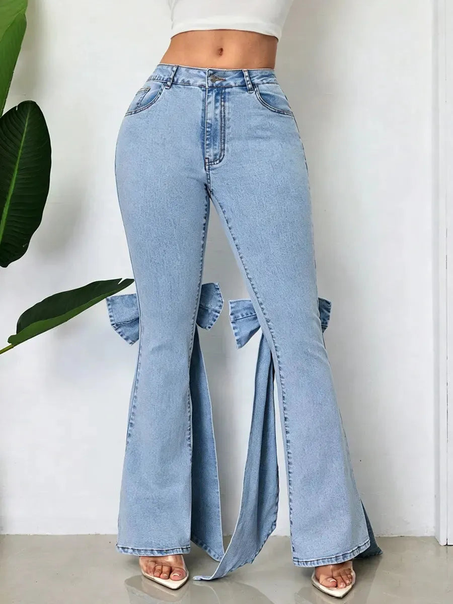 Retro Chic Bow Art Casual Stylish High Waist Denim Pants