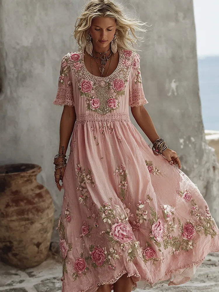 Women's Floral Art Print Flowy Linen Blend Casual Short Sleeve Maxi Dress