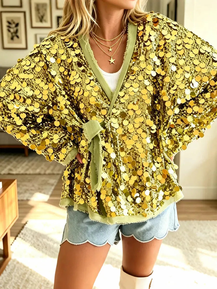 Women's Fashionable Casual Sequin Tie-Up Coat