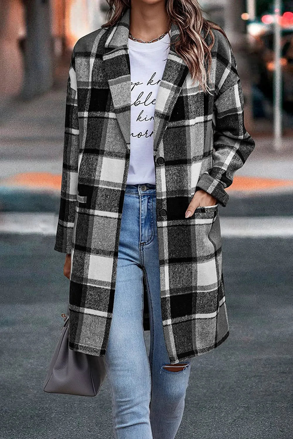Women Plaid Notched Lapel Mid‐Length Wool Blend Coat, Casual Button Down Oversized Outerwear