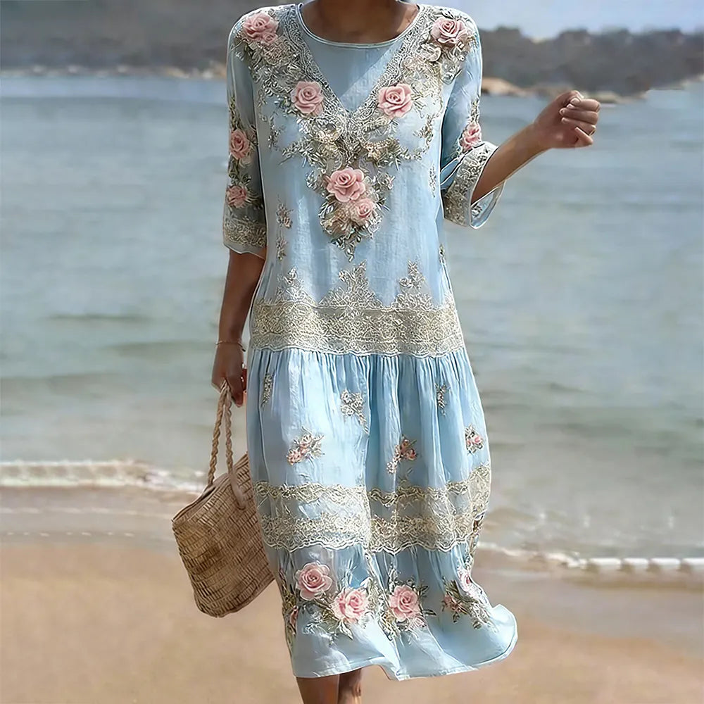 Women's Vintage Pink Flower Embroidery Art Midi Dress
