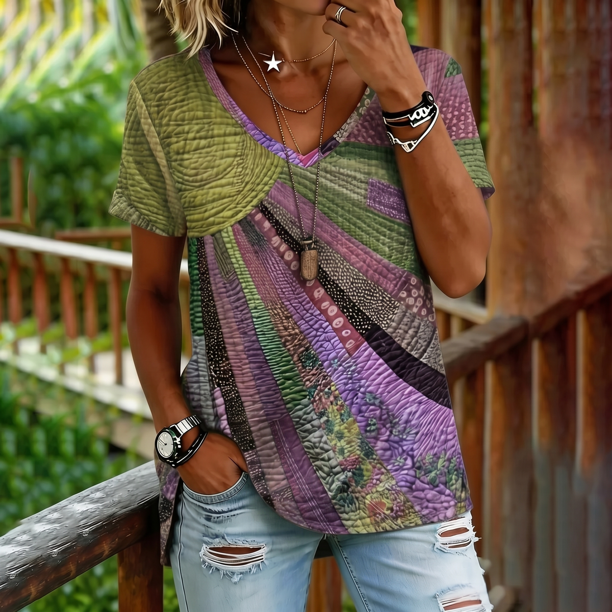 Women's Colorful Sun Collage Art Print Short Sleeve  V Neck Tshirt