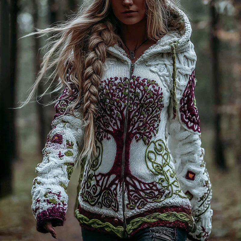 Women's Vintage Viking Celtic Knot Tree Of Life Art Knit Zip-up Hooded Sweater