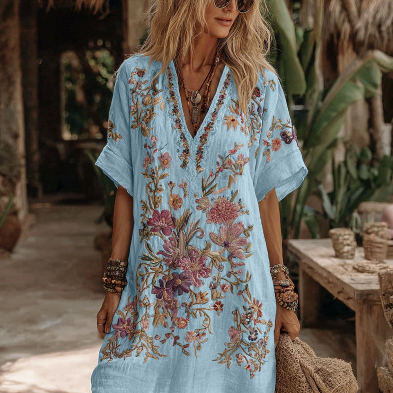 Women's Floral Embroidery Art V Neck Comfy Midi Dress