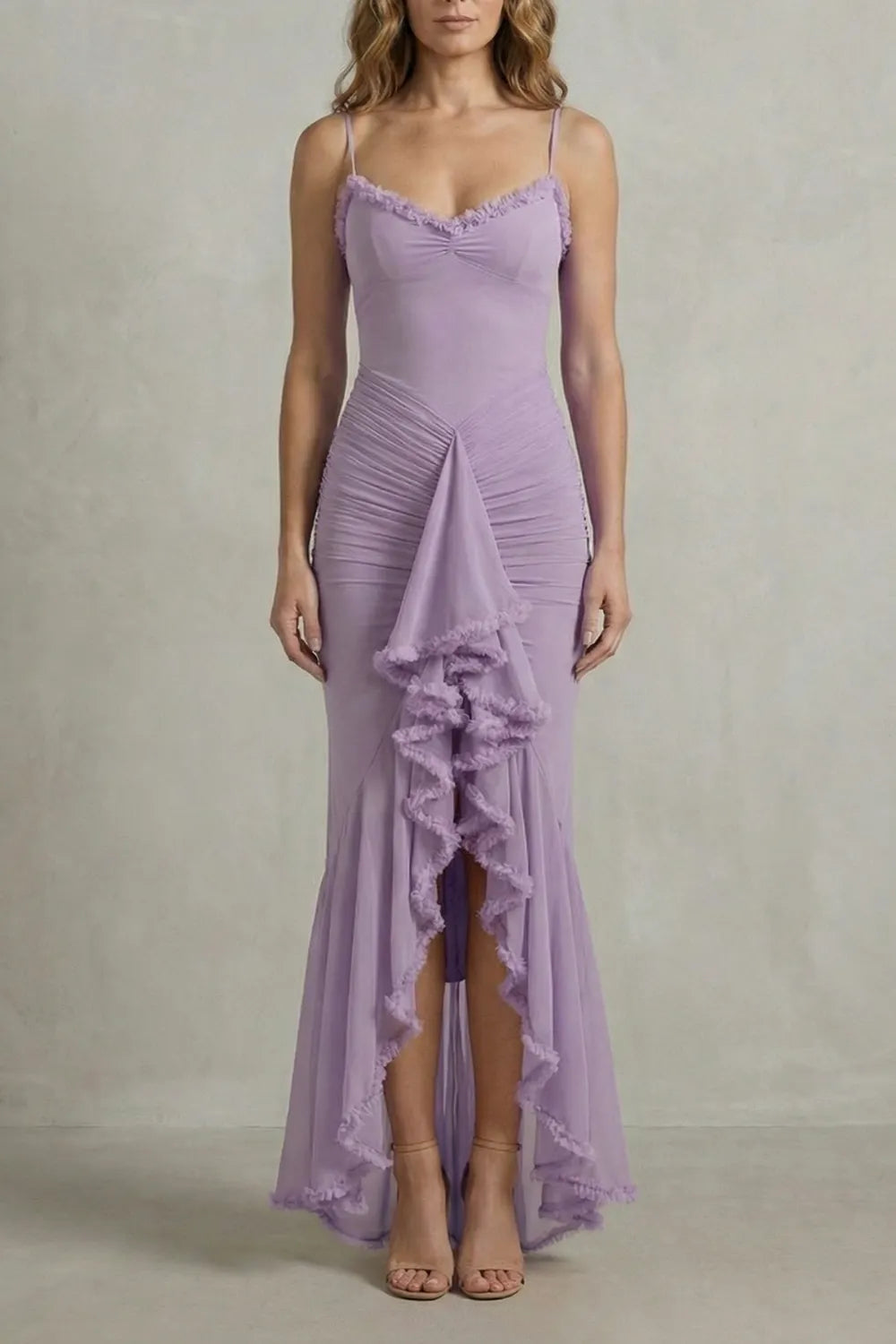 Feminine ruffle allure – Sleeveless high low maxi dress