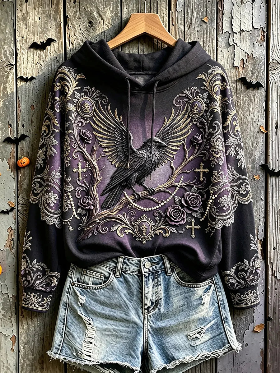 Halloween Crow Art Print Vintage Casual Hoodie