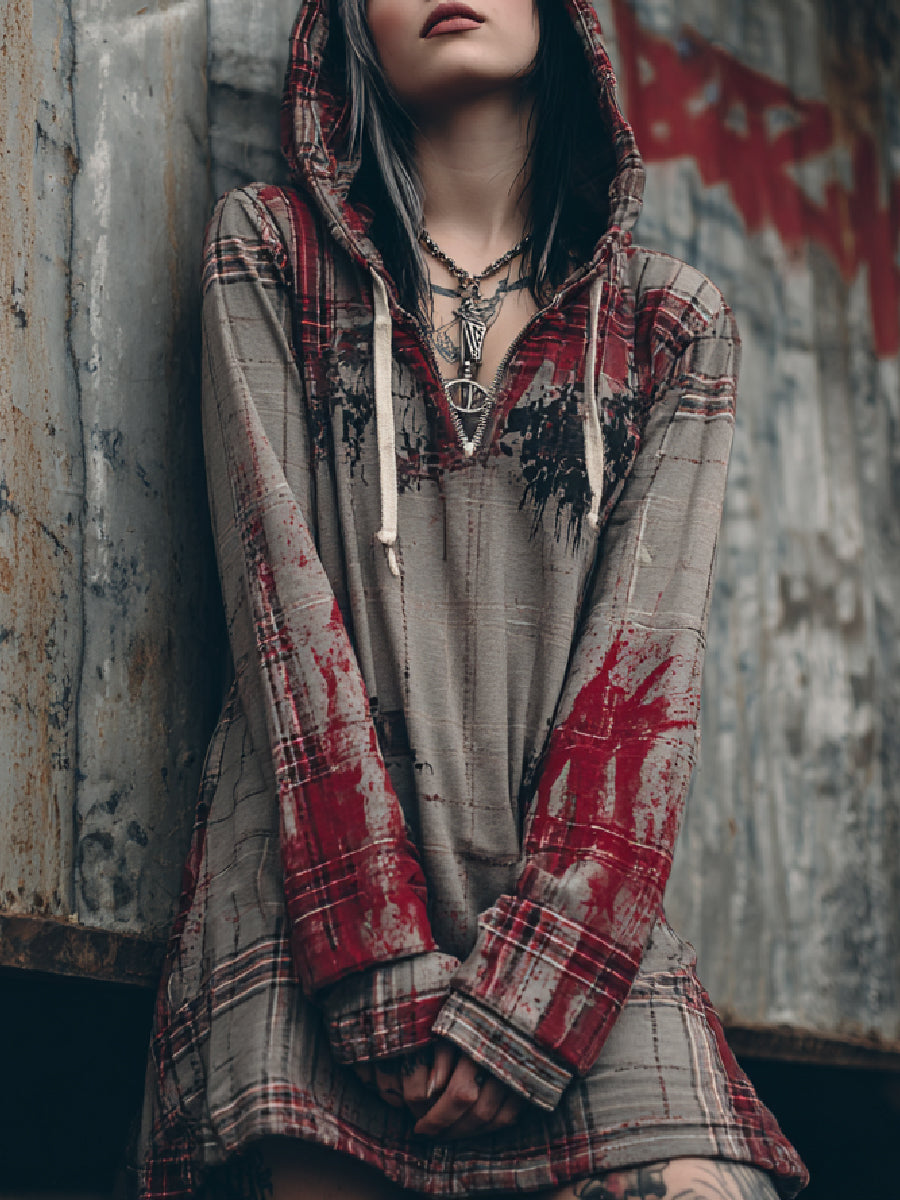 Retro Punk Blood Art Print Plaid Casual Hooded Long Sleeve Dress