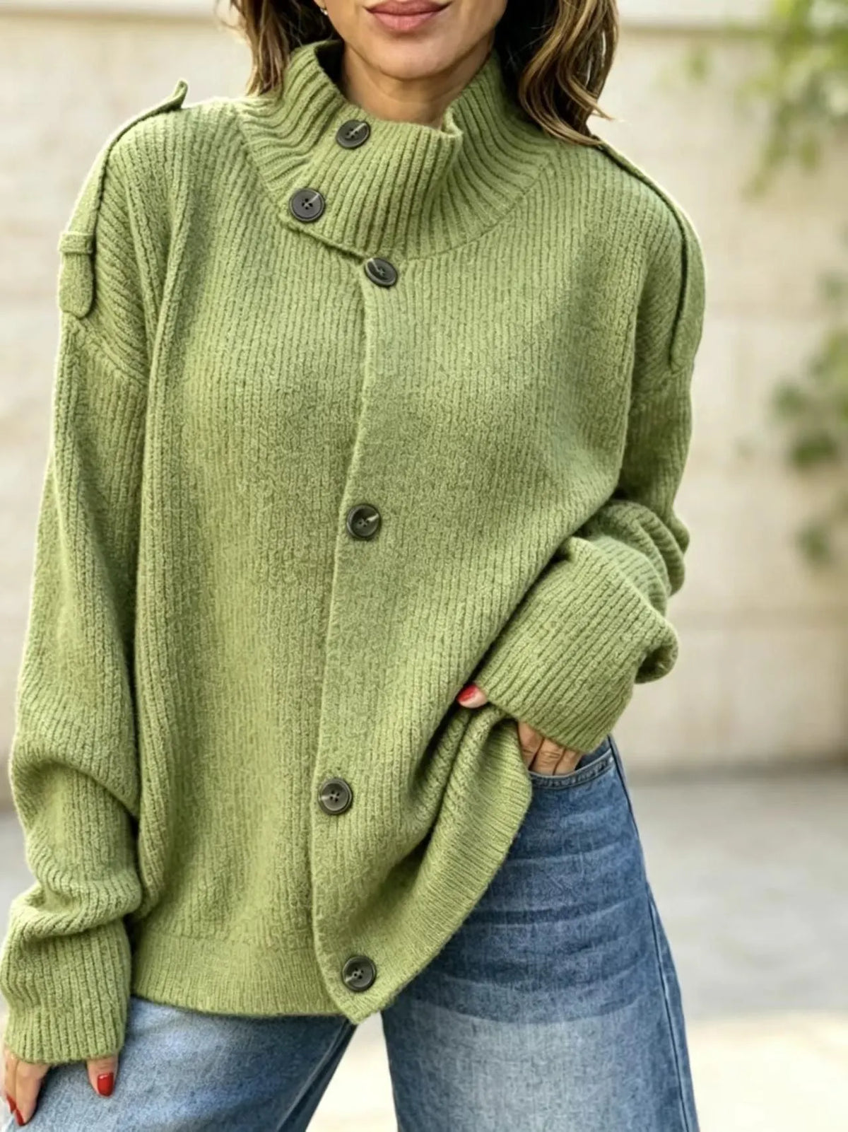 Stand Collar Button‐Down Shoulder Detail Knit Cardigan