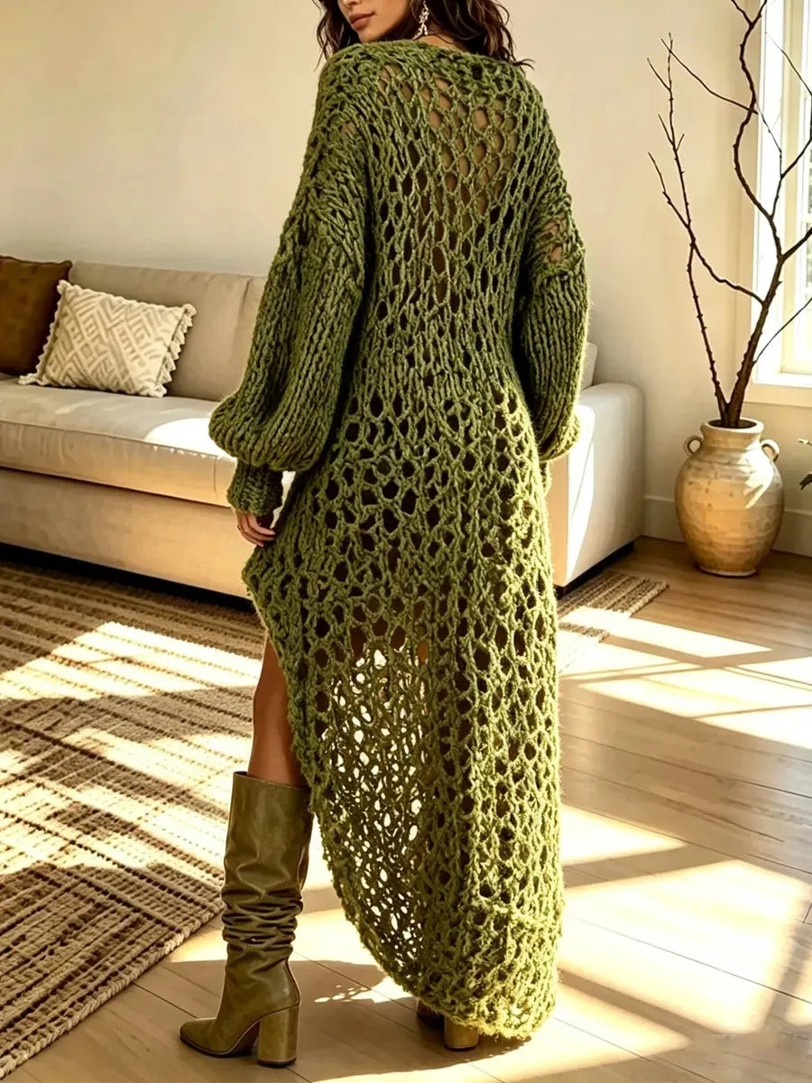 Retro V Collar Knitted Art Casual Stylish Long Sleeve Maxi Dress