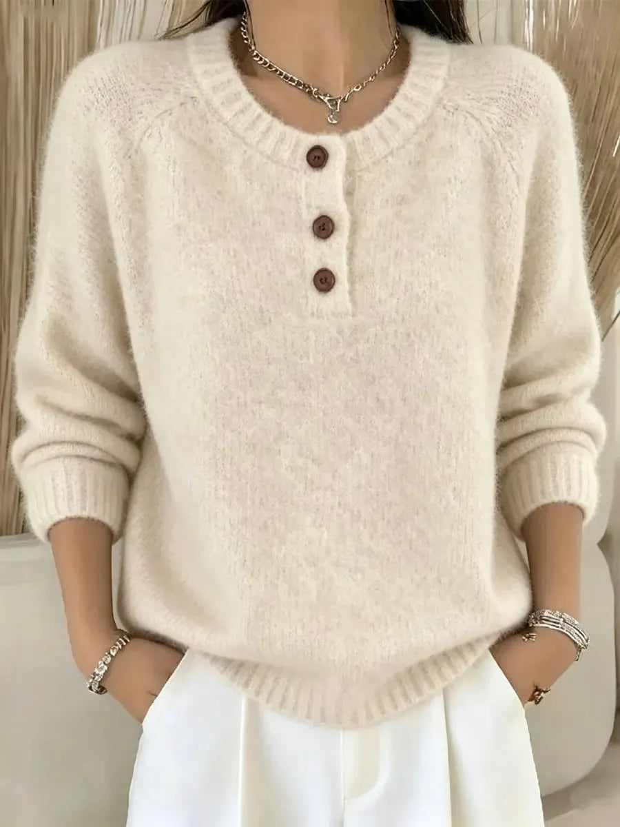 Retro Elegant Button Round Neck Art Casual Stylish Long Sleeve Knitted Sweater