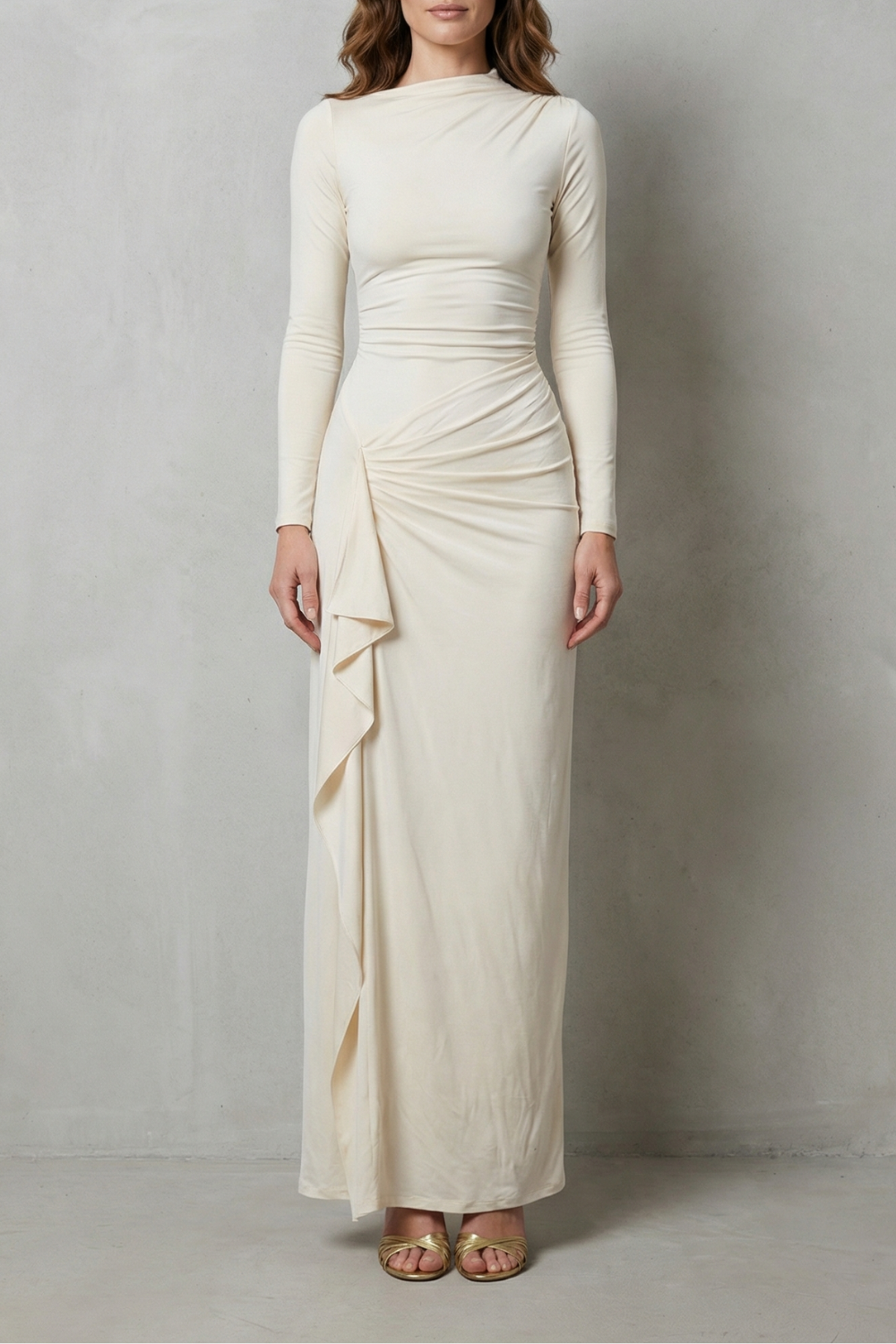 Sculpted side drape – Long sleeve maxi gown