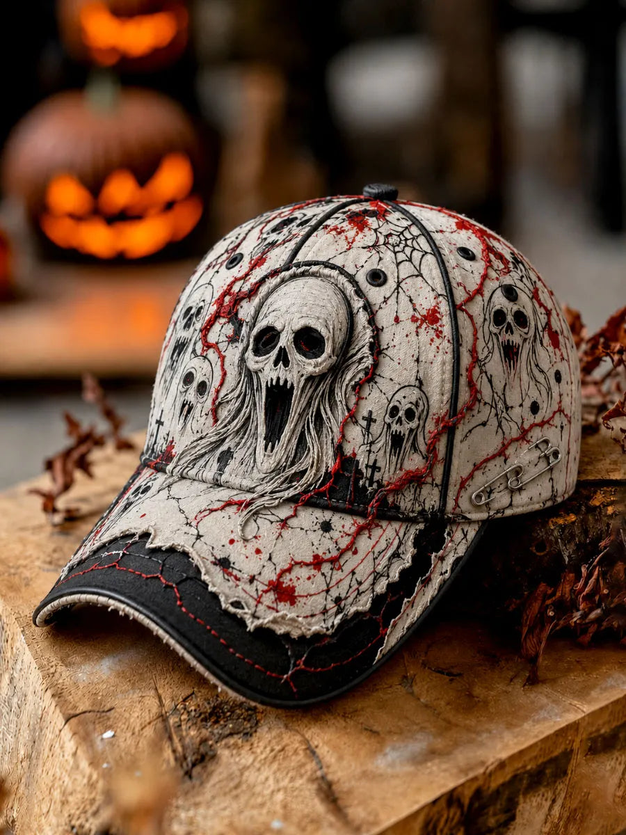 Halloween Screaming Ghost Skull Distressed Baseball Cap