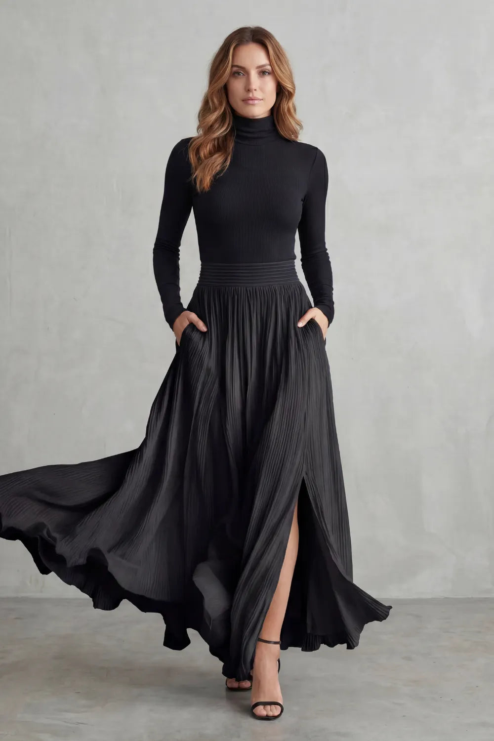Pleated flow silhouette – Two-piece turtleneck set