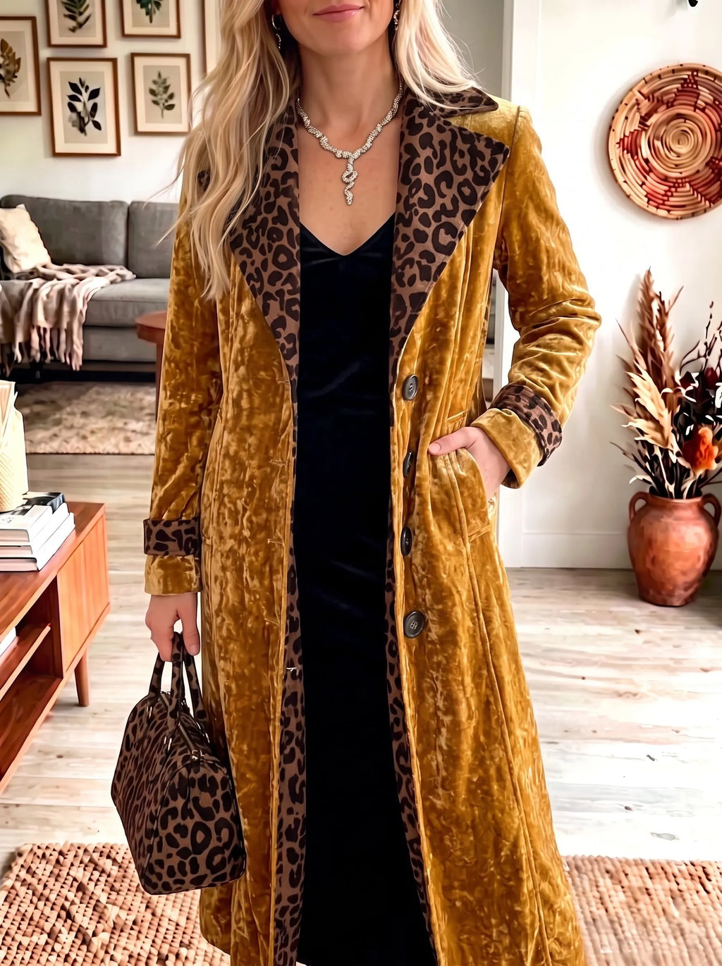 Leopard Lapel Velvet Long Coat Women Single‐Breasted Vintage Outerwear