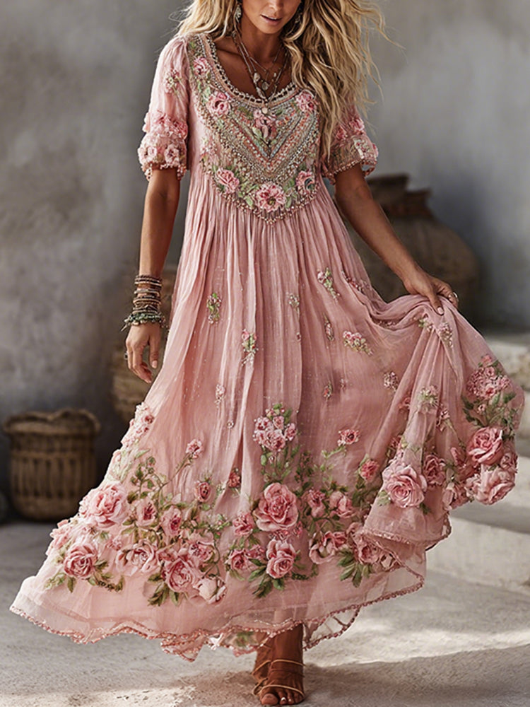 Women's Floral Roses Art Print Flowy Linen Blend Casual Short Sleeve Maxi Dress