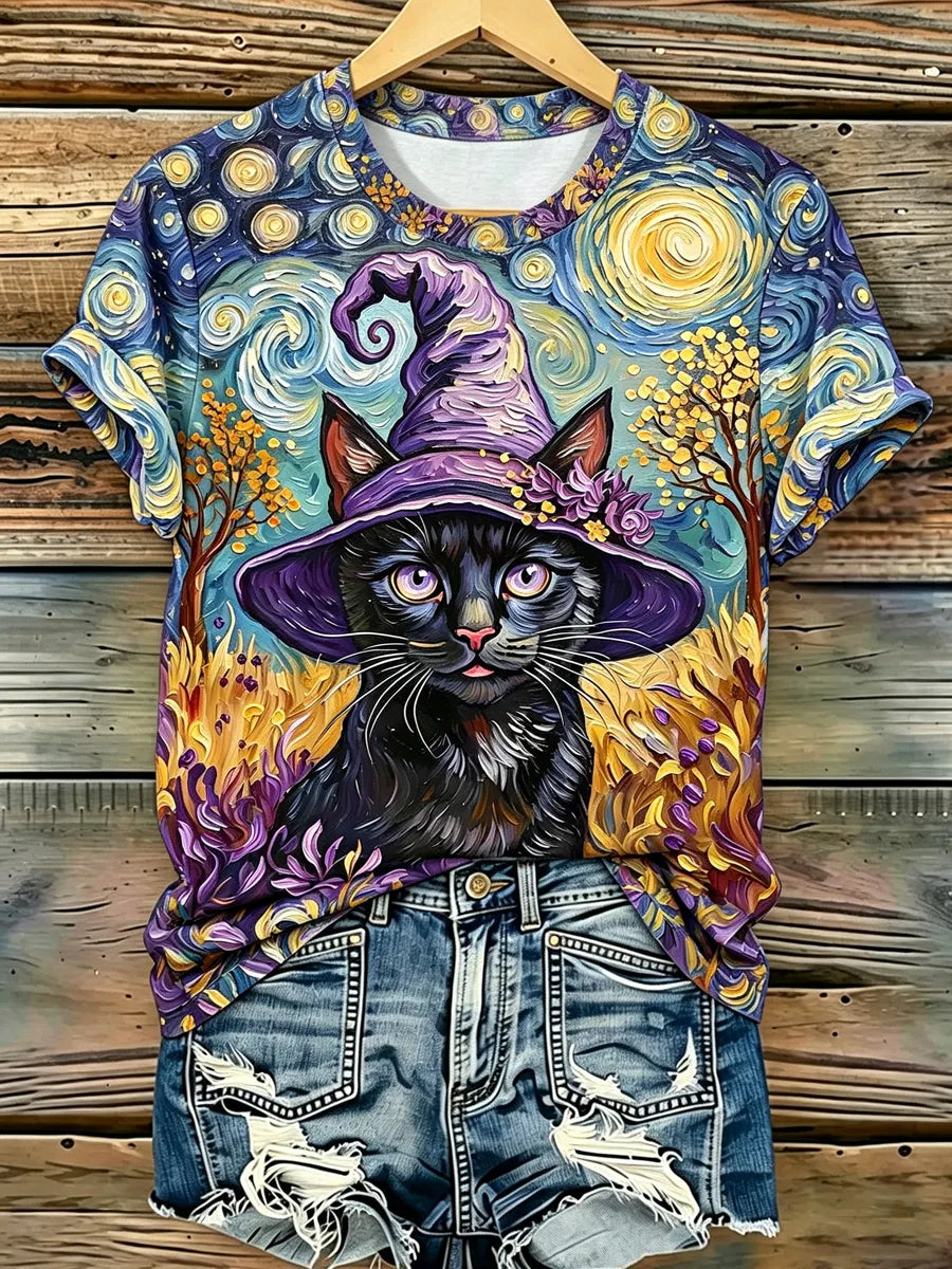 Women's Halloween Cat Print Casual T-Shirt