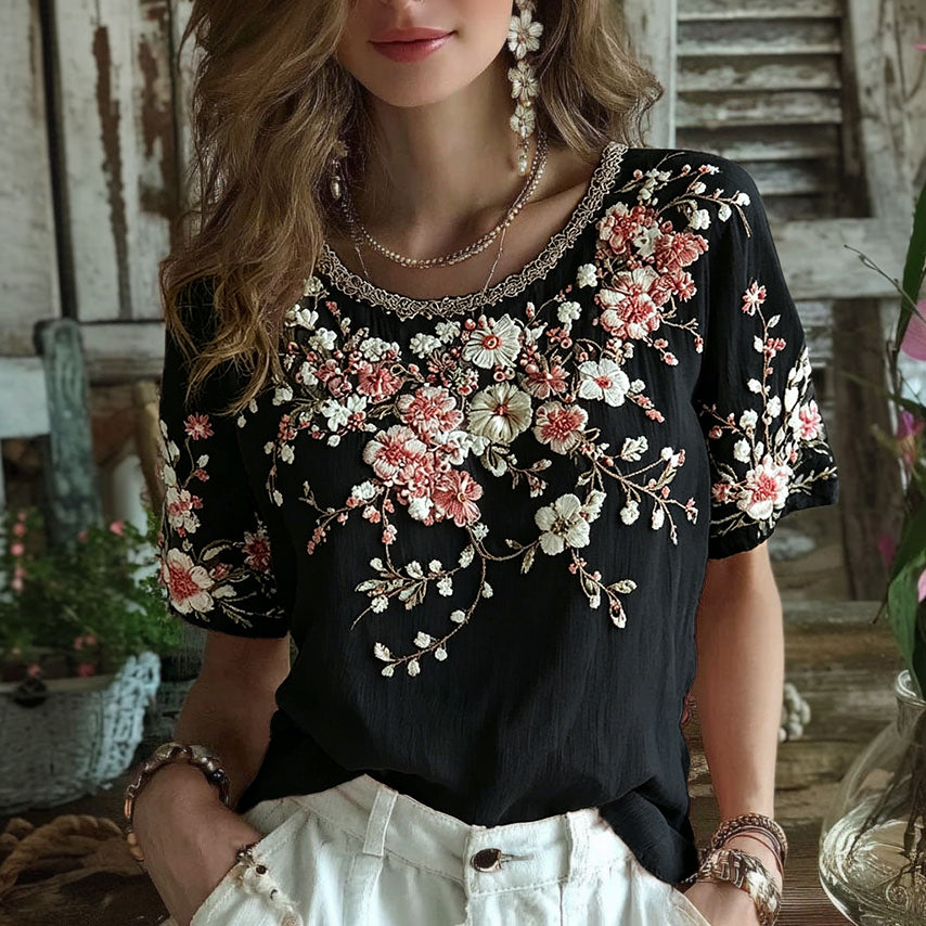 Women's Floral Art Embroidery Cotton Linen T-shirt