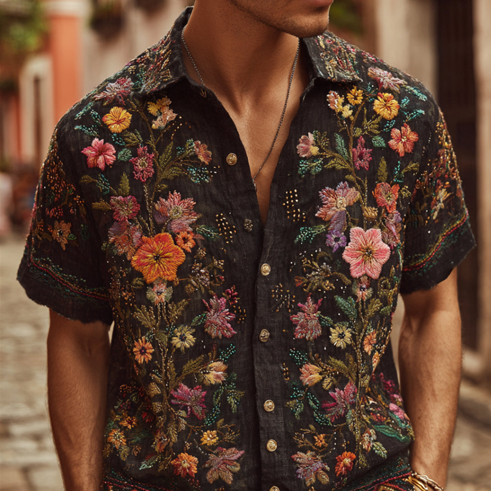 Bohemian Style Three-dimensional Embroidery Multi-colored Flowers Vintage Linen White Men's Lapel Short-sleeved Shirt